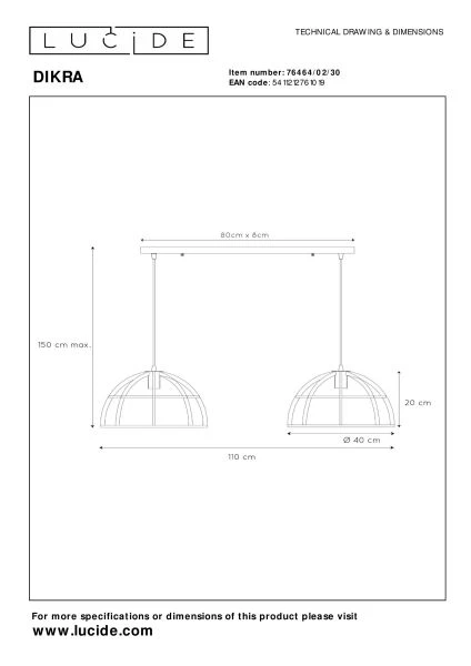 Lucide DIKRA - Hanglamp - 2xE27 - Zwart - technisch